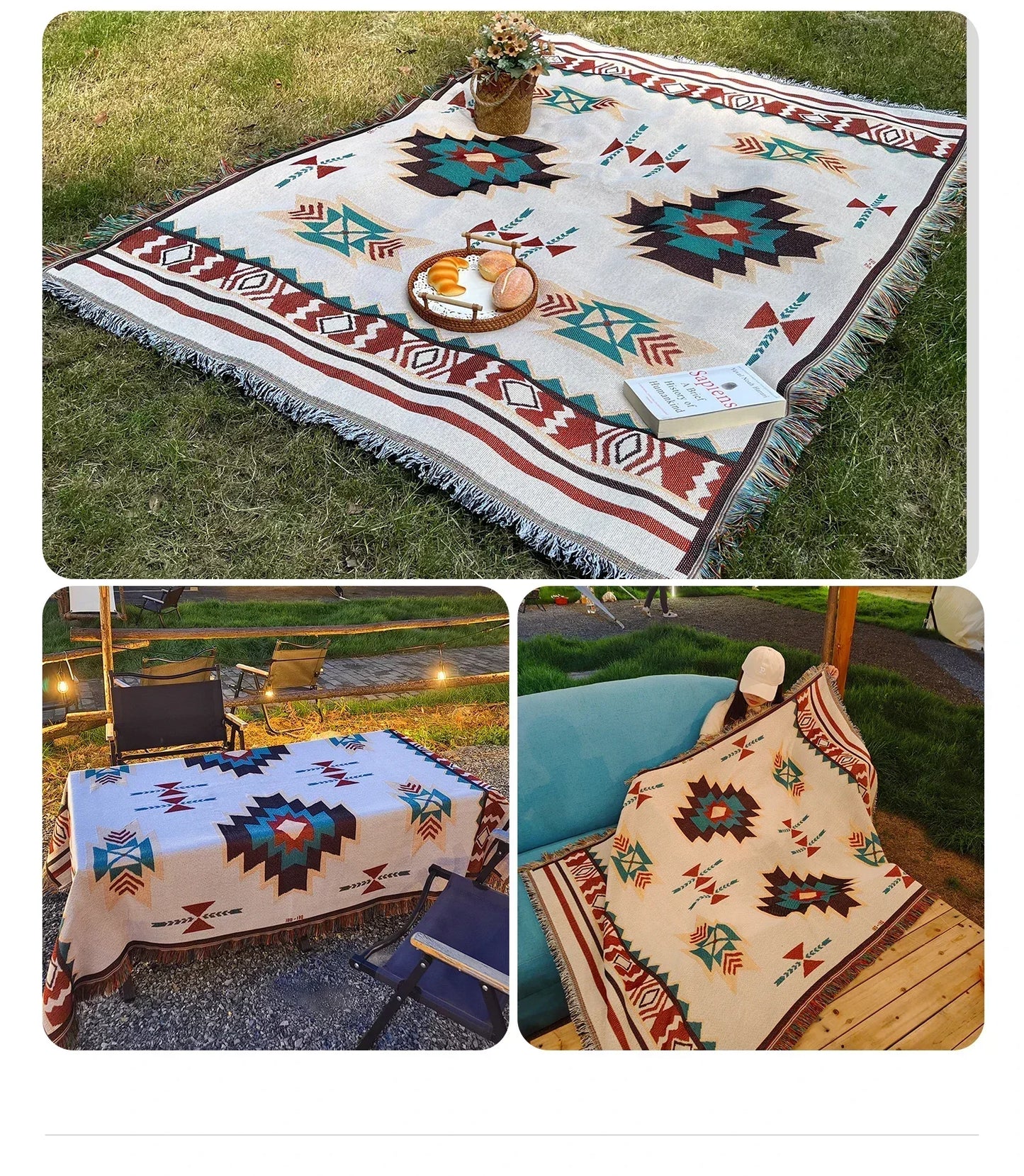 Oversized Aztec & Mayan Boho Throw Blanket - Vintage Geometric Tapestry