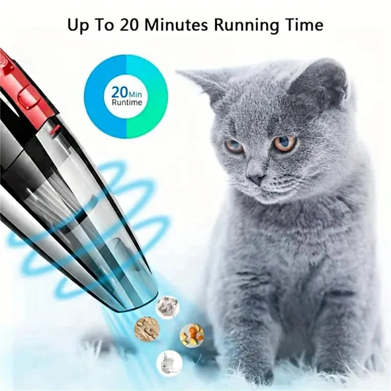 Cat next to a pet grooming tool with 'Up To 20 Minutes Running Time' text and a runtime indicator.