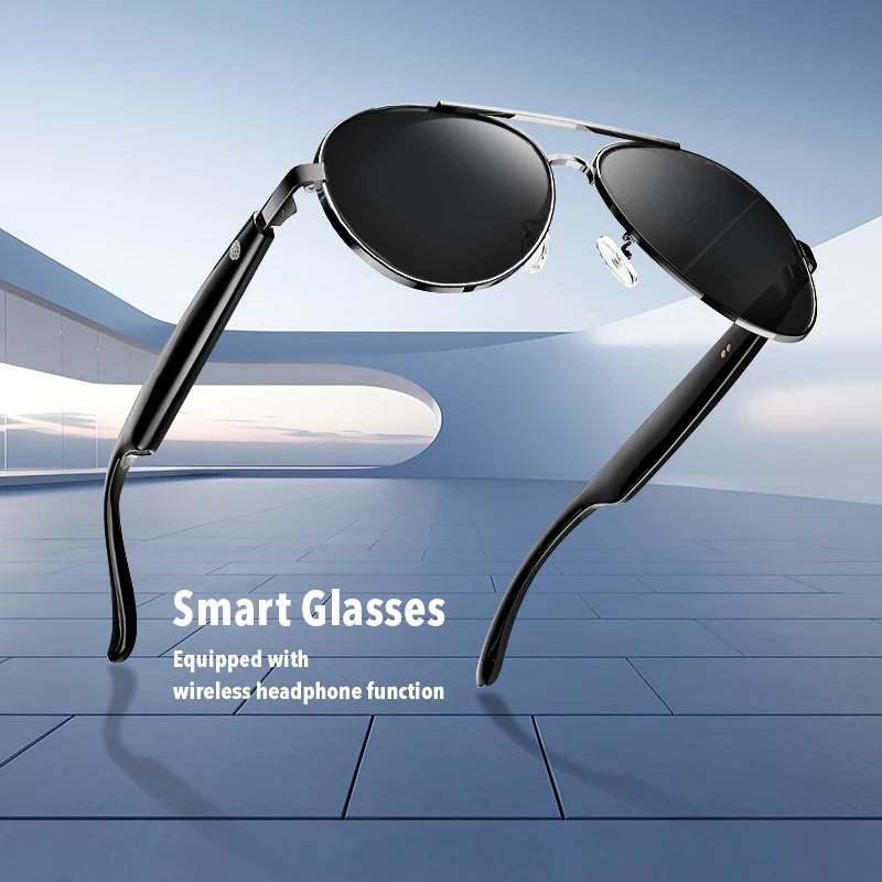 Black smart glasses with wireless headphone function on a blue floor and wall background
