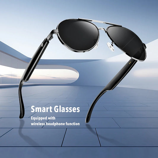 Black smart glasses with wireless headphone function on a blue floor and wall background