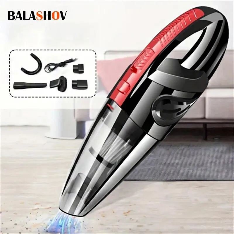 Handheld vacuum cleaner with attachments on a light background