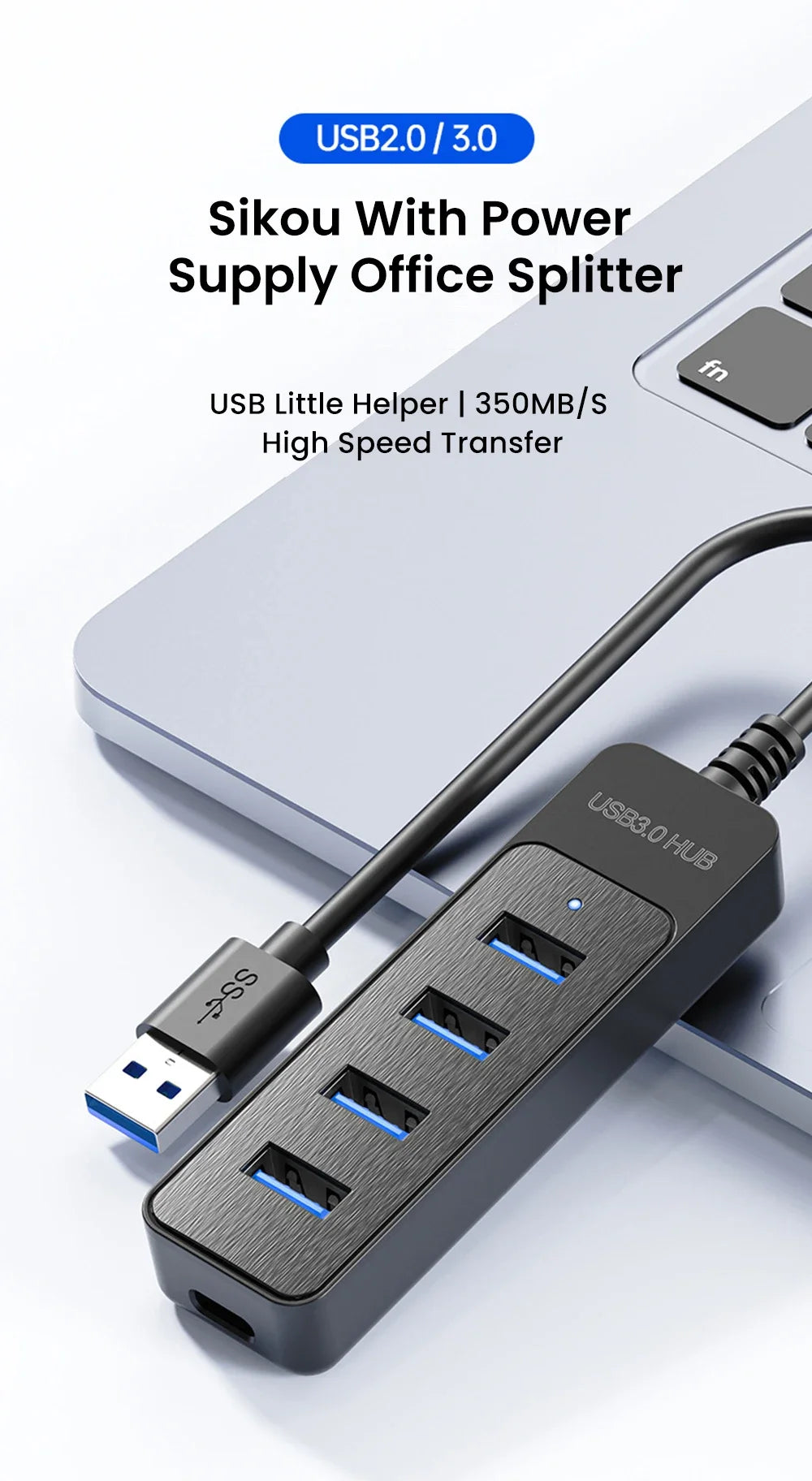 4-Port USB 3.0 Splitter Hub | Type-C & USB 2.0 Expander