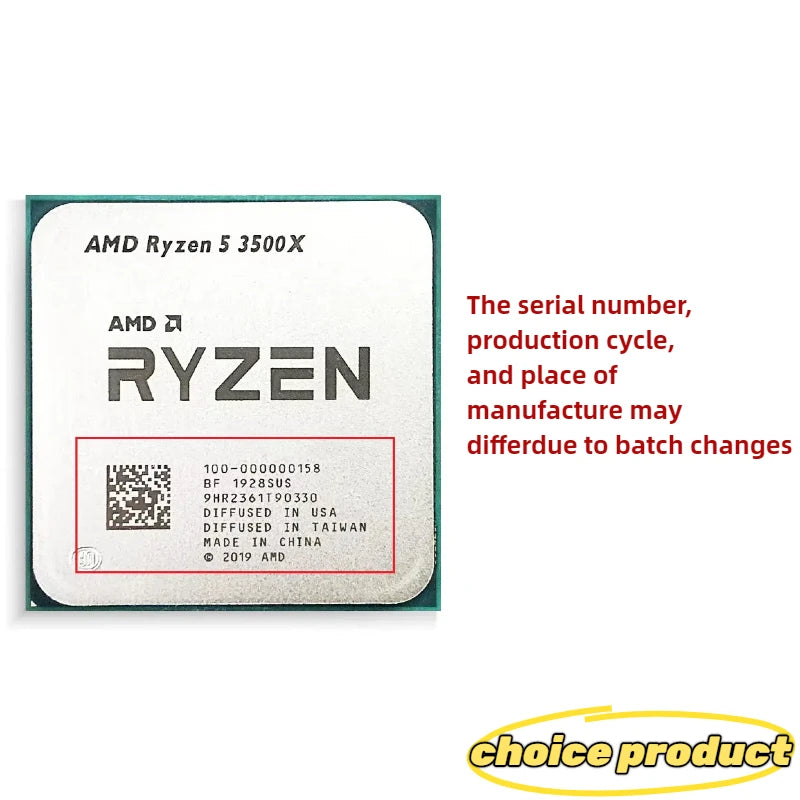 AMD Ryzen 5 3500X CPU on a white background with text overlay.