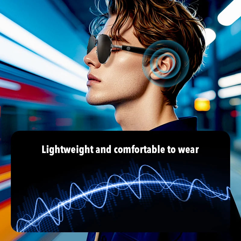 Person wearing futuristic ear devices with a blurred urban background