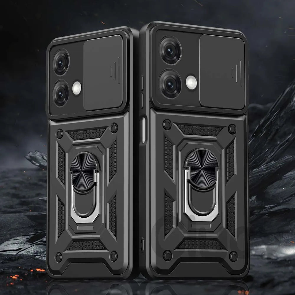 Two black phone cases with a rugged design on a dark background