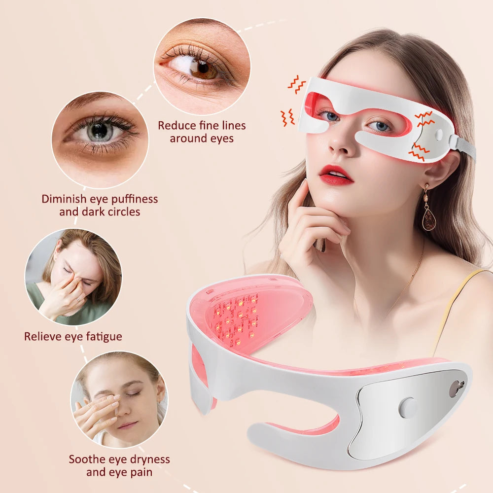 Woman using an eye care device with text on its benefits against a beige background