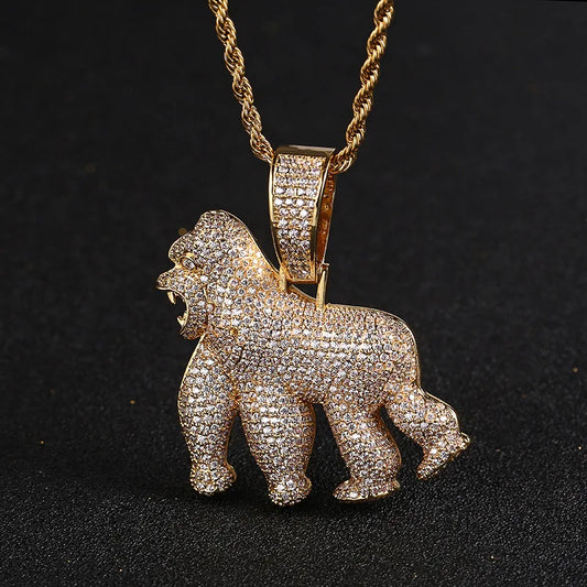 Iced Out Silverback Gorilla Pendant Necklace | Stainless Steel Hip Hop Jewelry