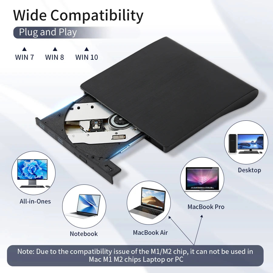 Portable External DVD-RW Drive Burner & Reader | Sleek Lightweight Design