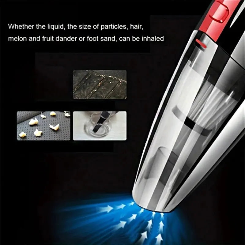 Car vacuum cleaner with text about its capabilities on a dark background