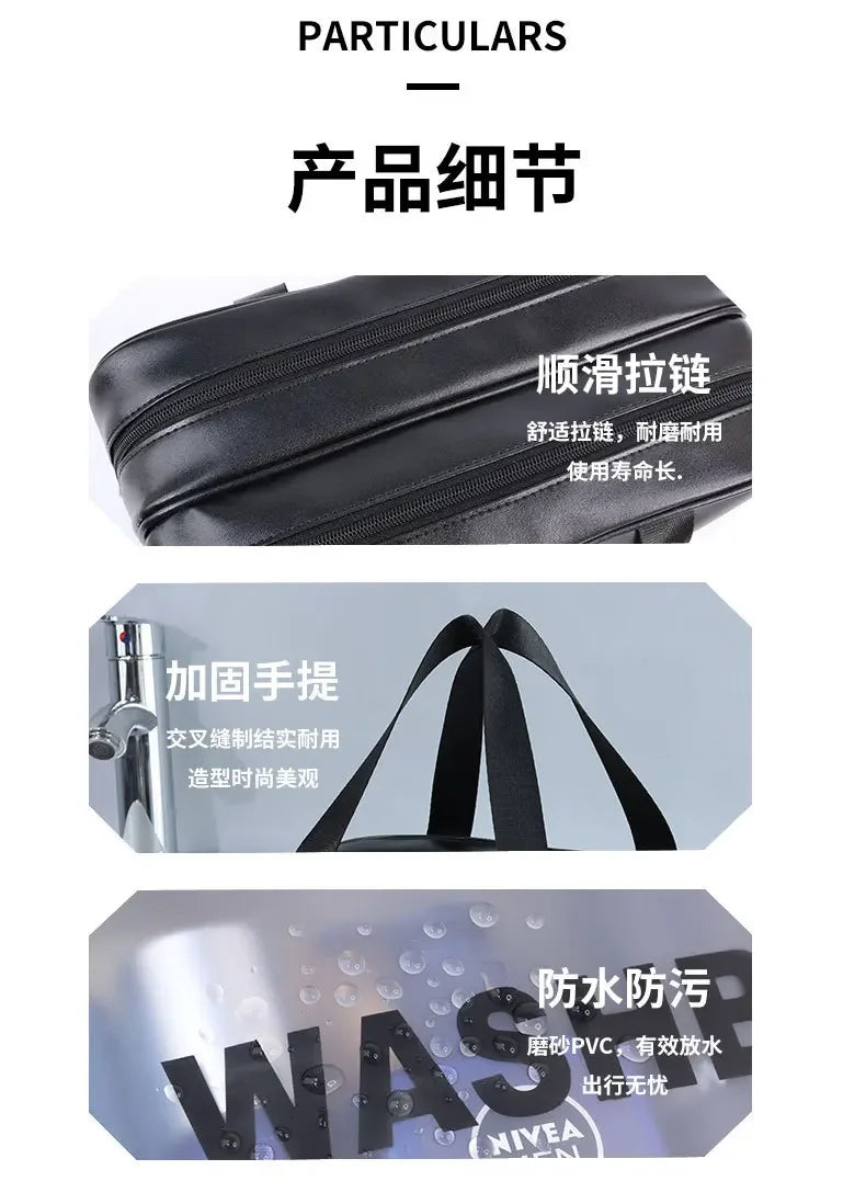 Black bag with text detailing features on a white background