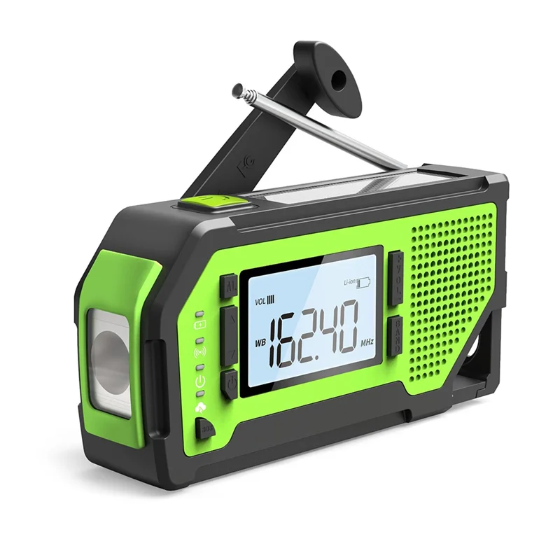 Green and black portable radio and bottle opener multi-purpose tool with digital display on a white background