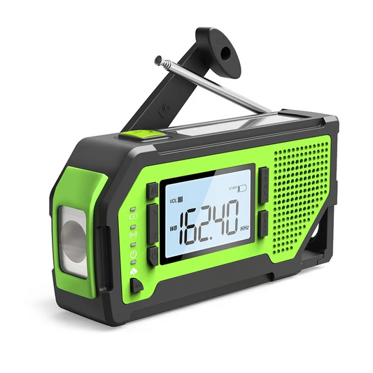 Green and black portable radio and bottle opener multi-purpose tool with digital display on a white background