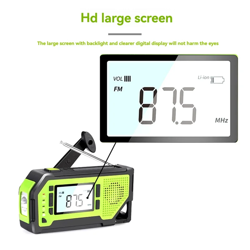 Portable radio flashlight bottle opener with large screen displaying frequency on a white background