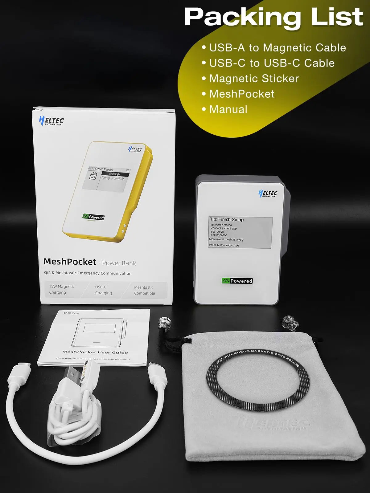 Heltec MeshPocket Qi2 Magnetic Power Bank – 15W Wireless Fast Charging, Meshtastic Compatible, 5000mAh/10000mAh, E-Ink Display
