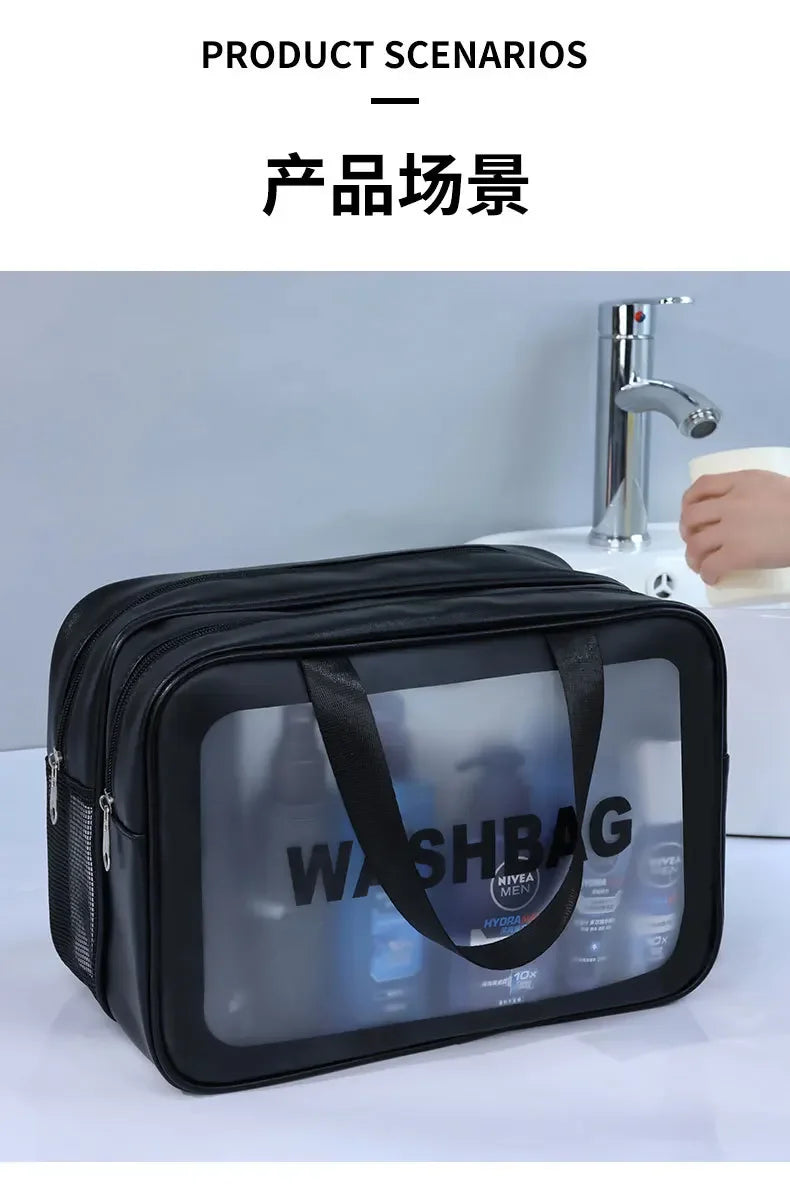 Black travel toiletry bag with 'WASHBAG' branding on a bathroom counter.
