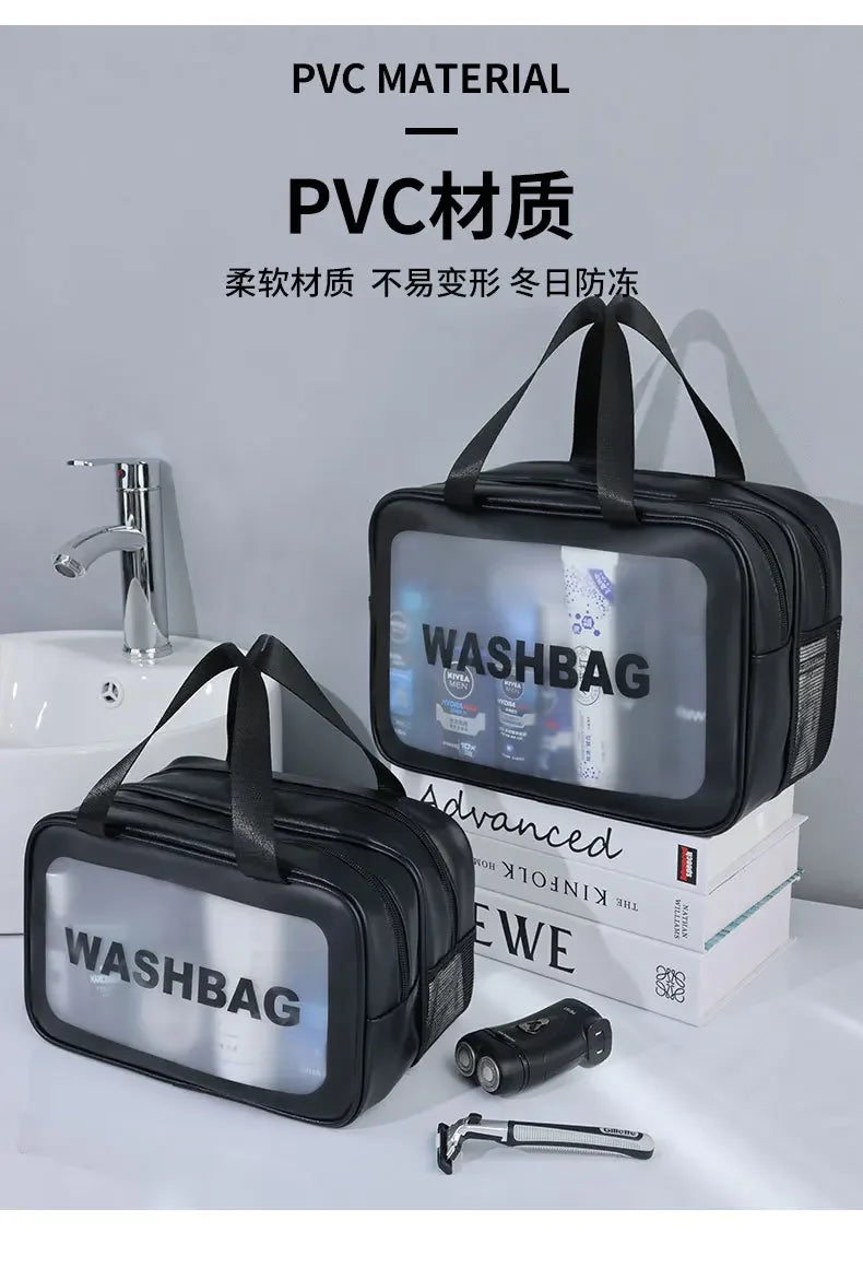 Black PVC wash bags with 'WASHBAG' branding on a bathroom counter.