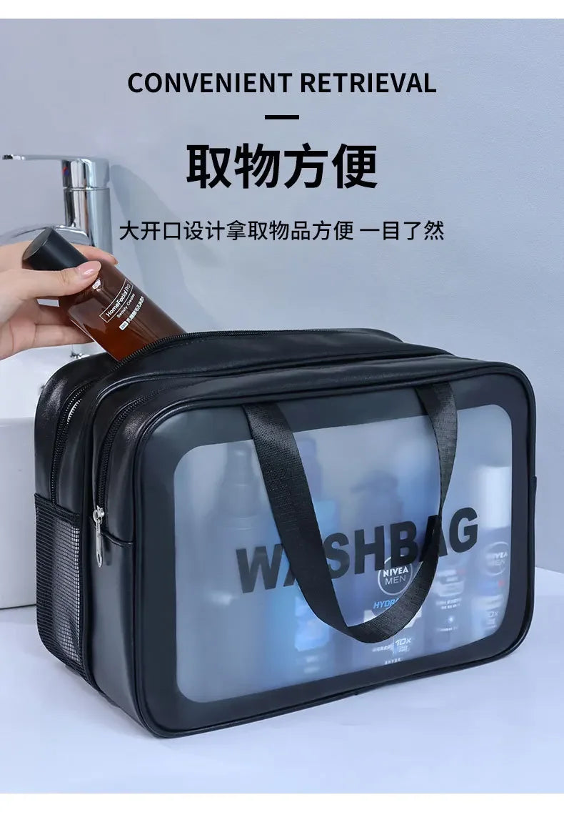 Black wash bag with transparent window on a white background, featuring text about convenient retrieval.
