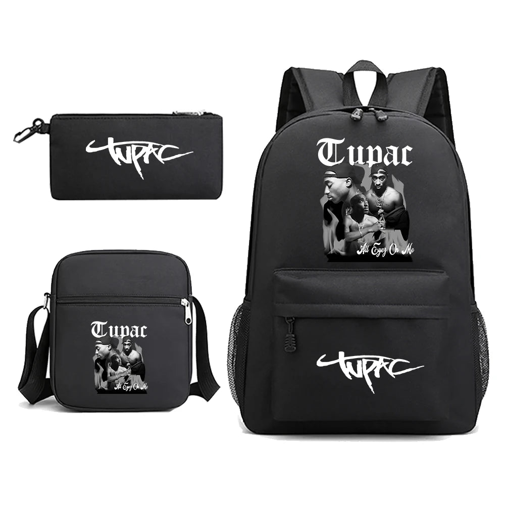 Black 2Pac backpack, pouch, and crossbody bag with Tupac graphic design on a white background