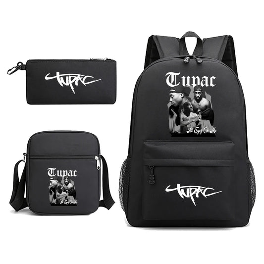Black 2Pac backpack, pouch, and crossbody bag with Tupac graphic design on a white background