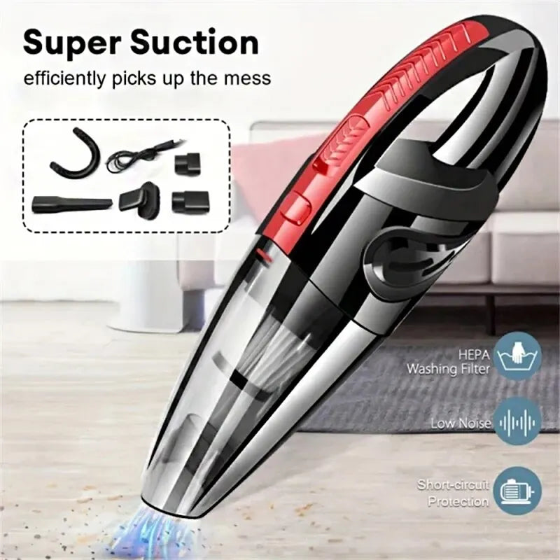 Handheld vacuum cleaner with attachments on a light background