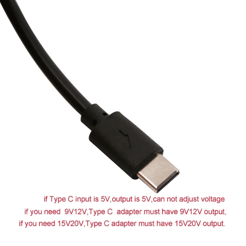 Black USB Type-C cable on a white background with text about voltage compatibility.