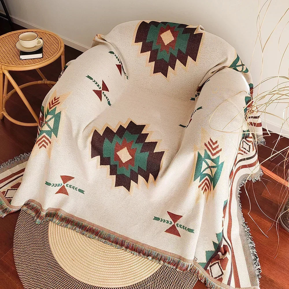Oversized Aztec & Mayan Boho Throw Blanket - Vintage Geometric Tapestry