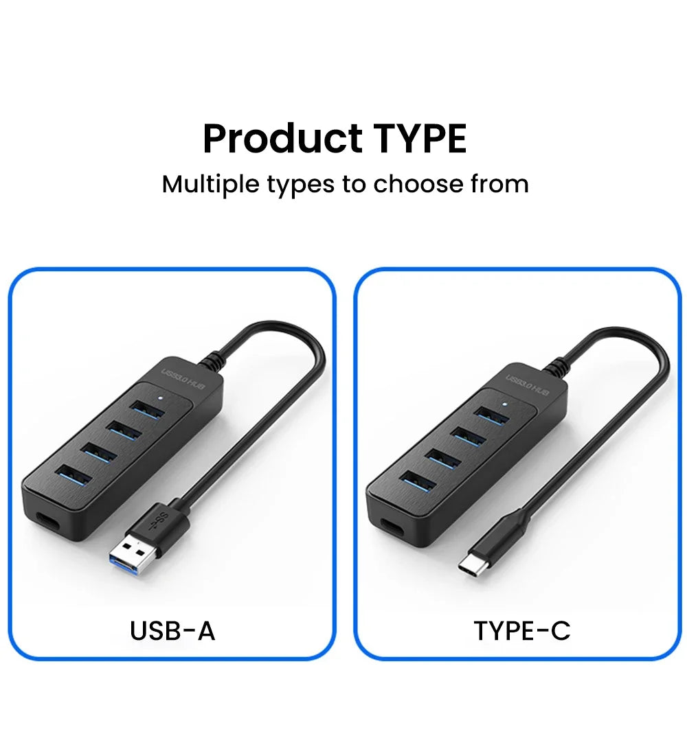 4-Port USB 3.0 Splitter Hub | Type-C & USB 2.0 Expander