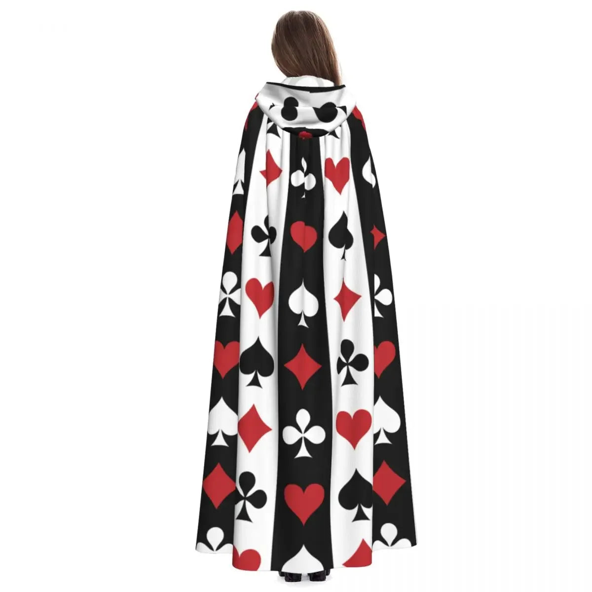 Person wearing a black cape with red, white, and black card suit symbols on a white background