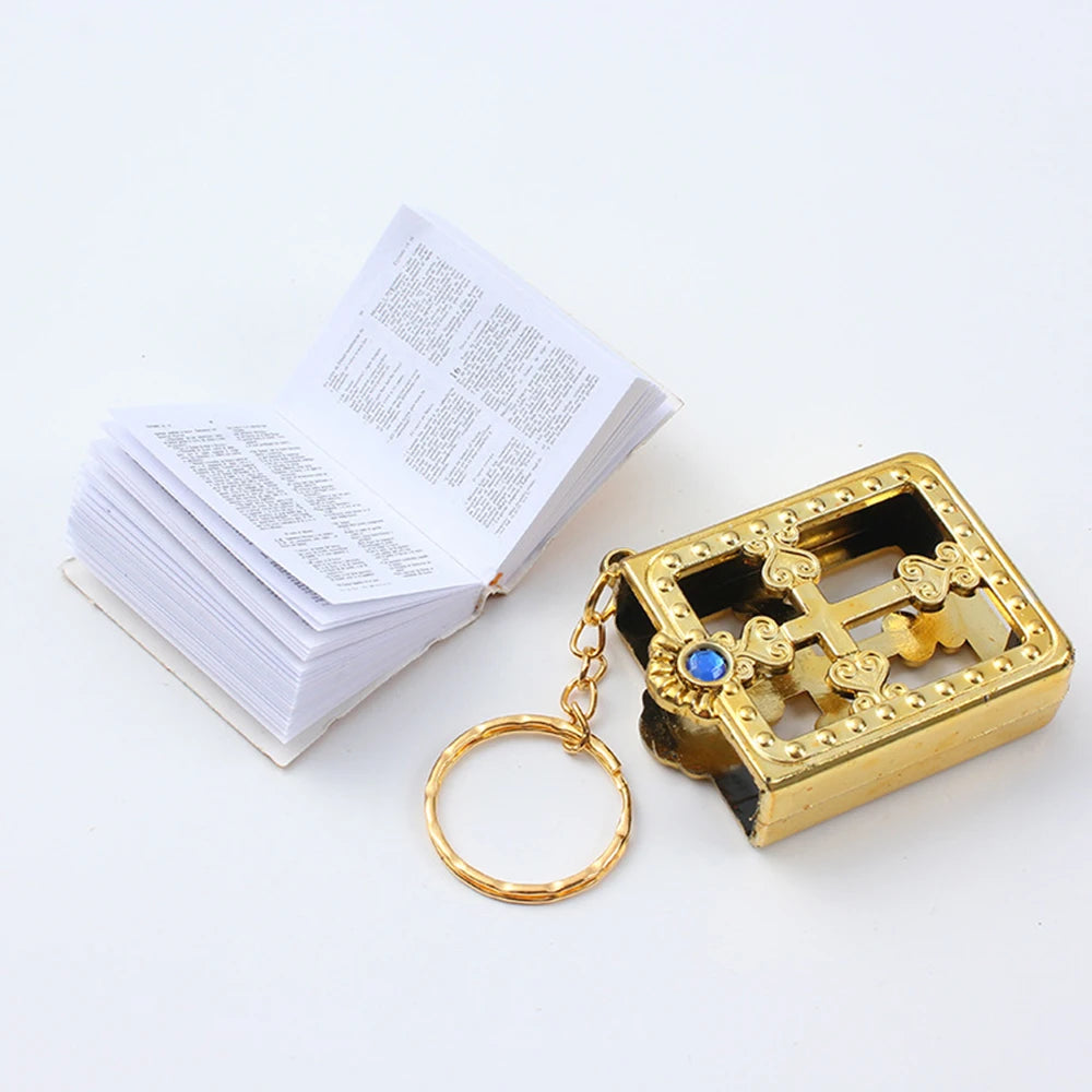 Mini gold-tone Holy Bible keychain pendant with jewel embellishments