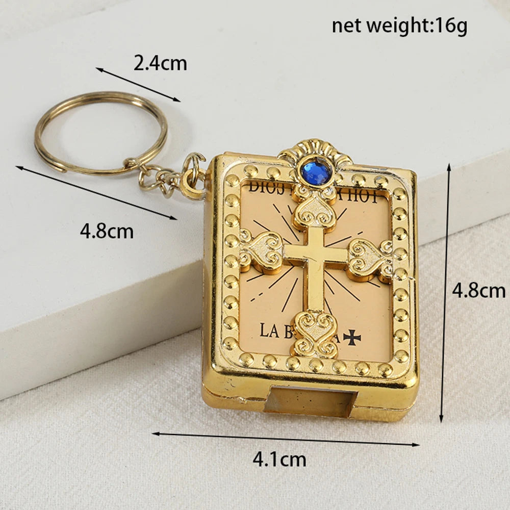 Mini gold-tone Holy Bible keychain pendant with jewel embellishments