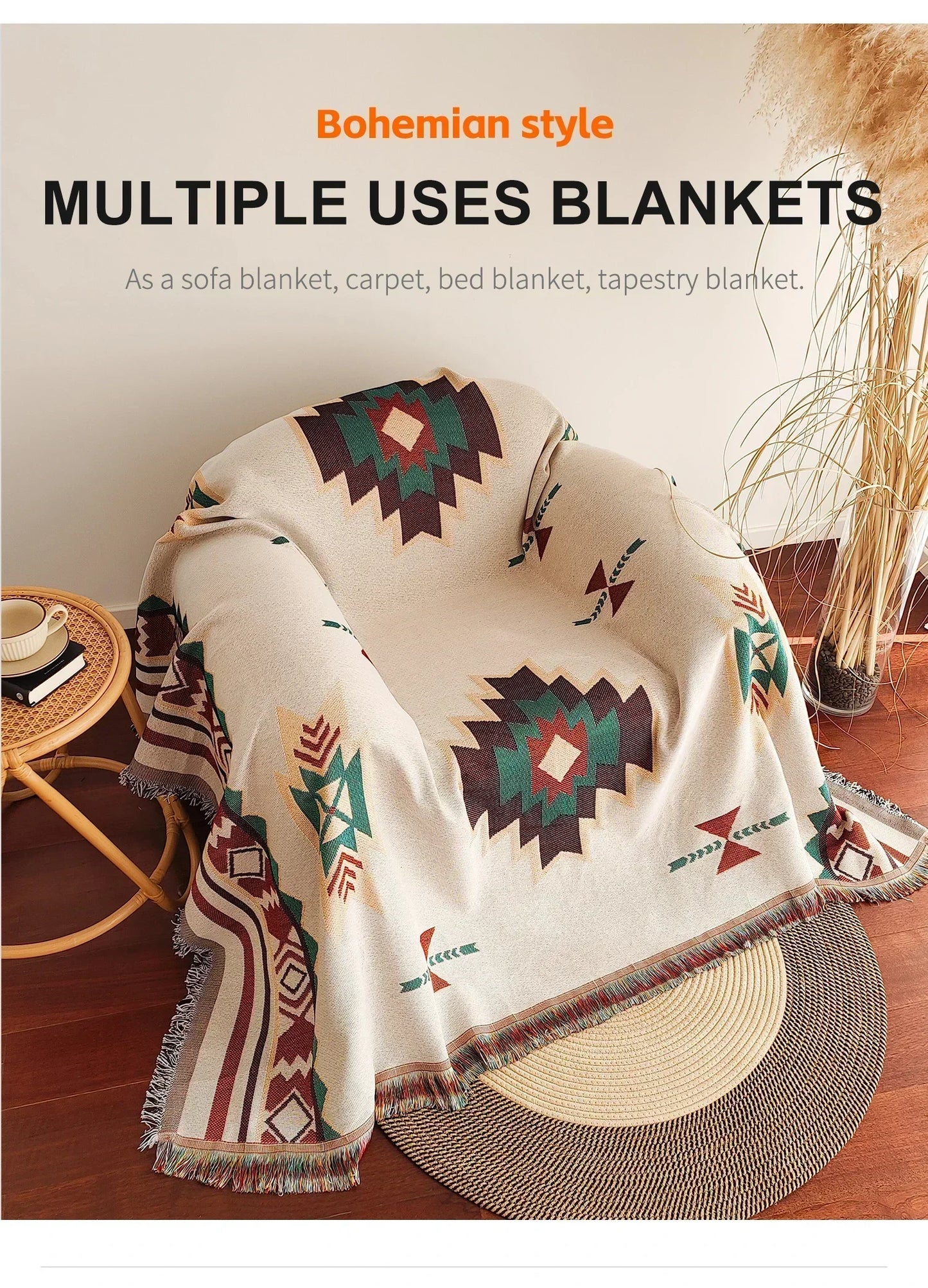 Oversized Aztec & Mayan Boho Throw Blanket - Vintage Geometric Tapestry