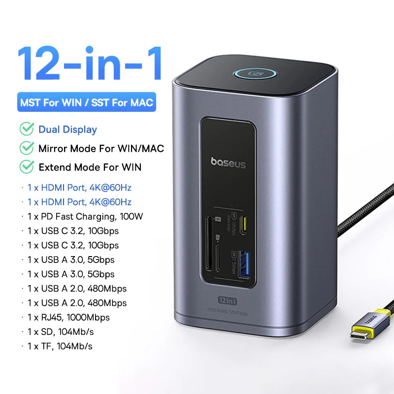 Dual 4K 12-in-1 USB-C Docking Station HDMI Hub