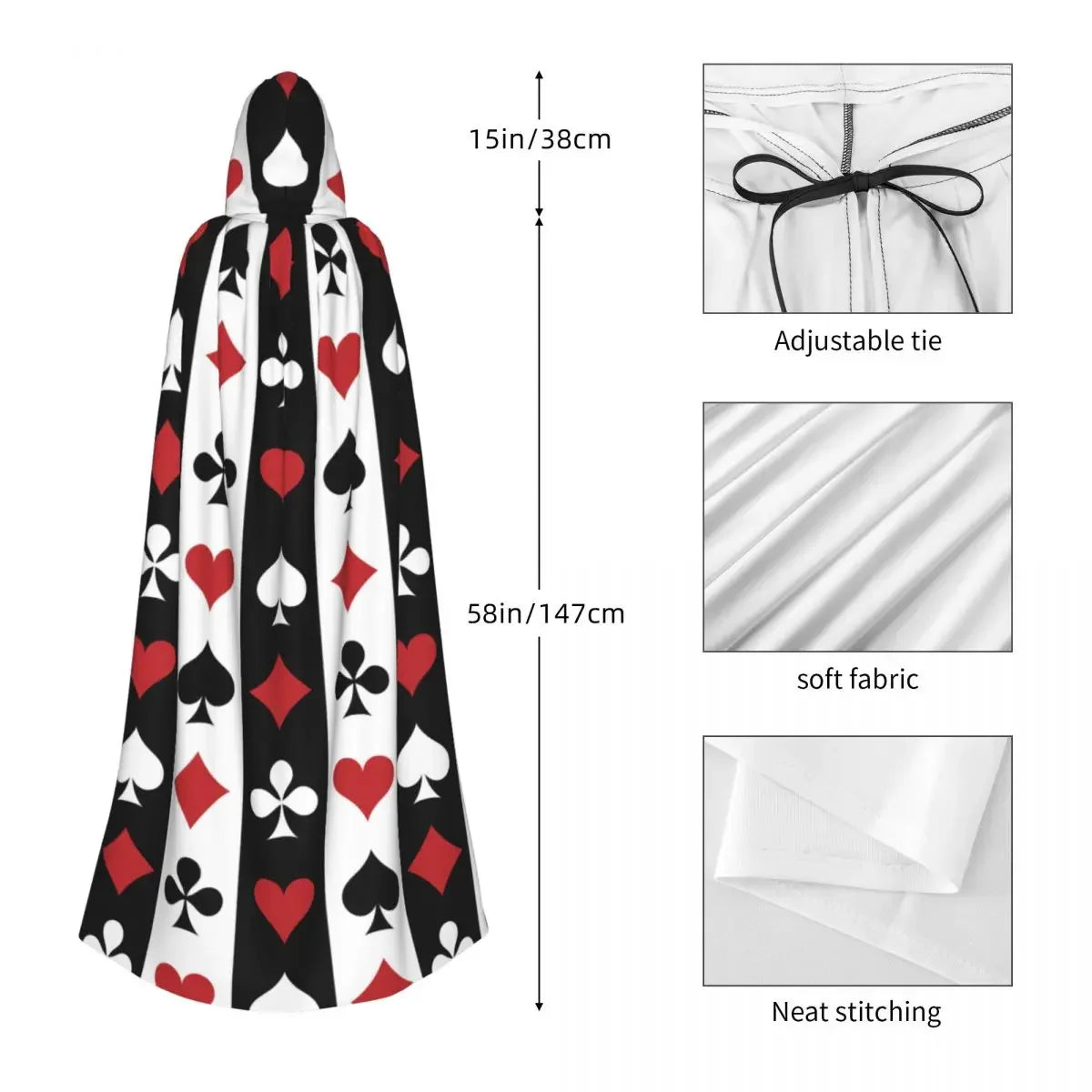 Black cape with card suit pattern, showing measurements and fabric details.