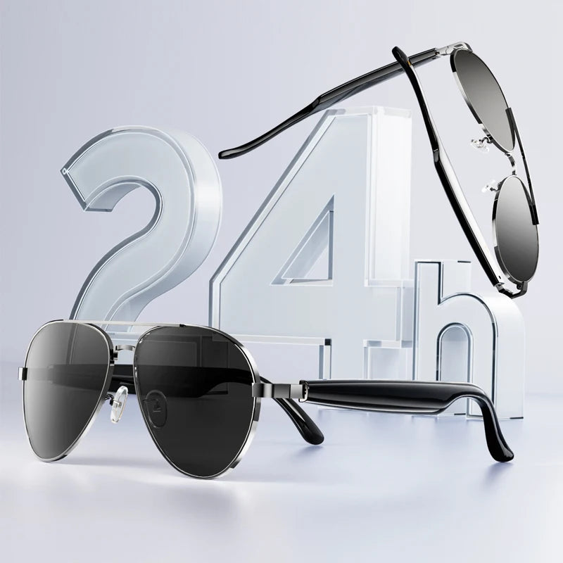 Sunglasses with a transparent '24h' sign in the background