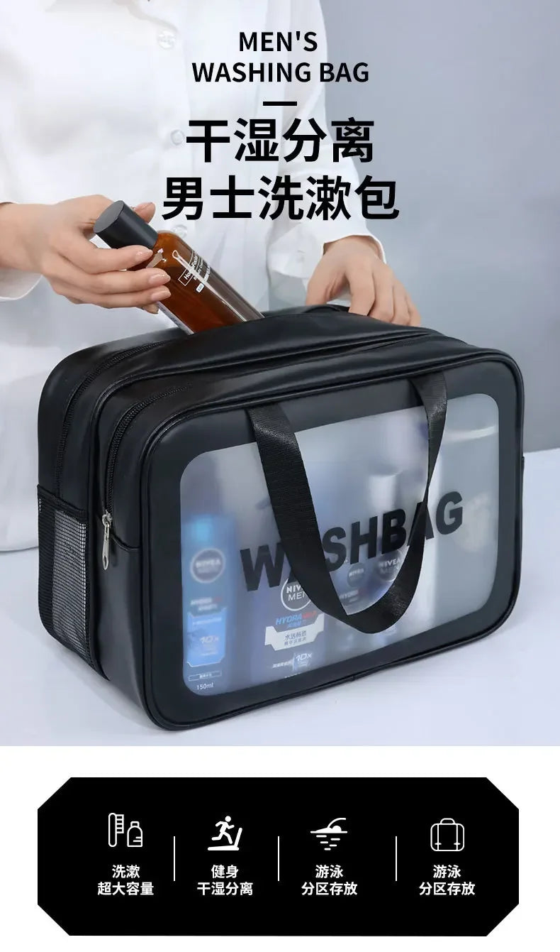 Black men's washing bag with clear window on a white background