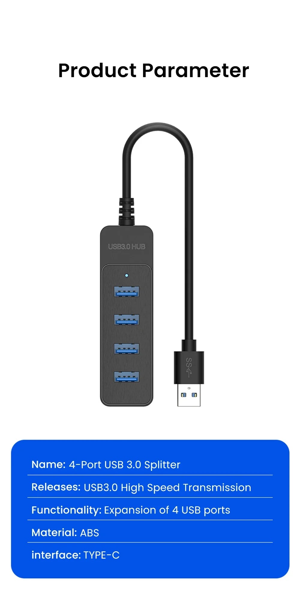 4-Port USB 3.0 Splitter Hub | Type-C & USB 2.0 Expander