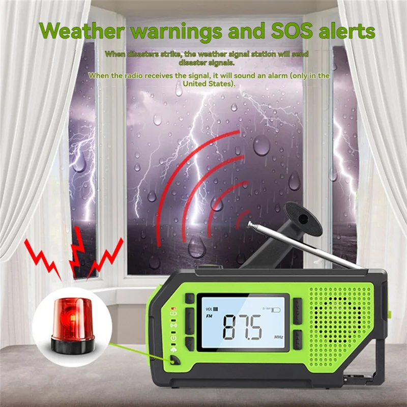 Green and black weather radio bottle opener flashlight, with lightning graphic and storm scene in the background