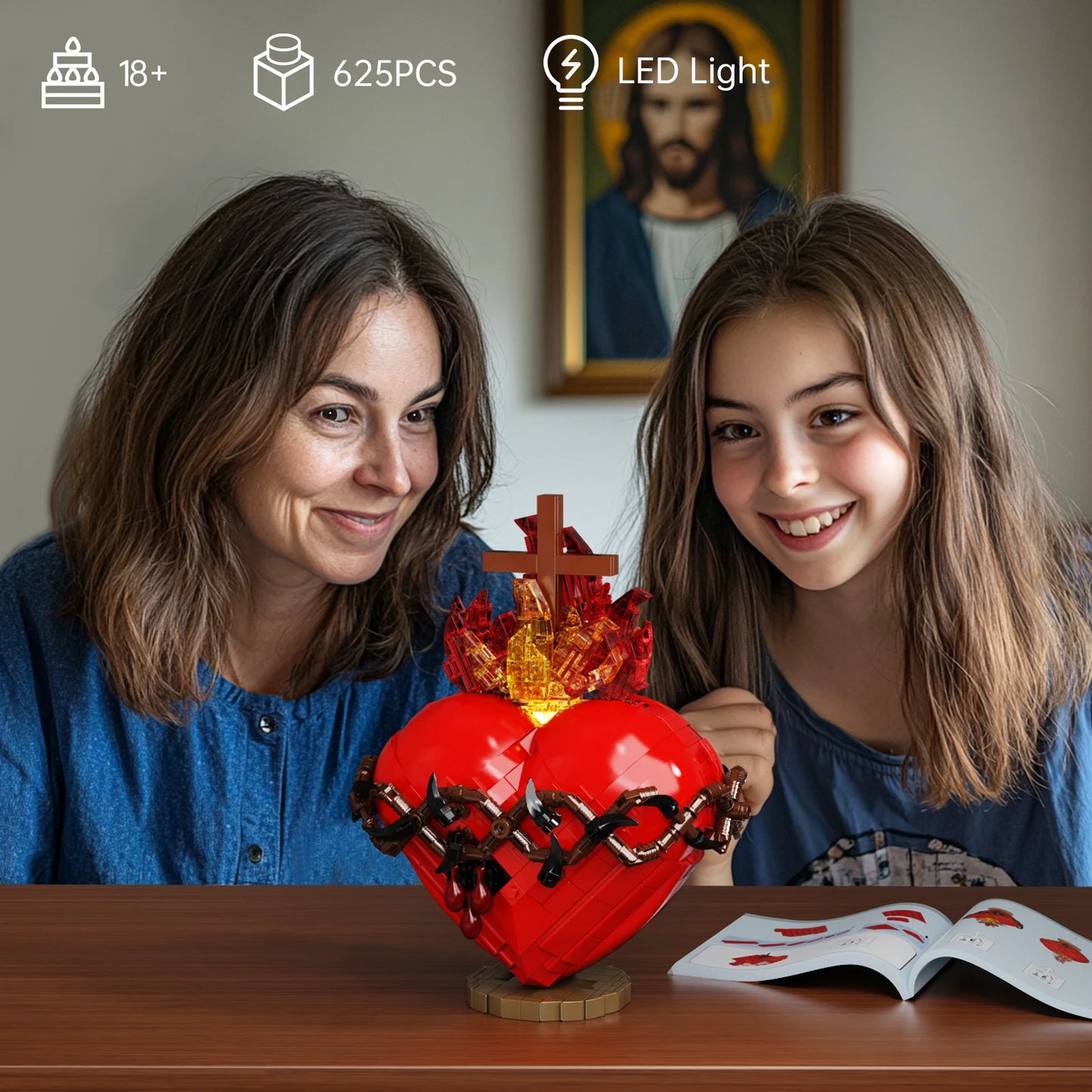 Sacred Heart of Jesus Building Block Puzzle & LED Home Decoration | Family Bonding & Christian Gifts