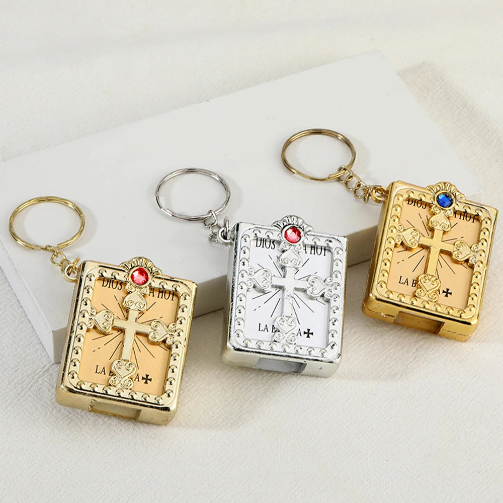 Mini gold-tone Holy Bible keychain pendant with jewel embellishments