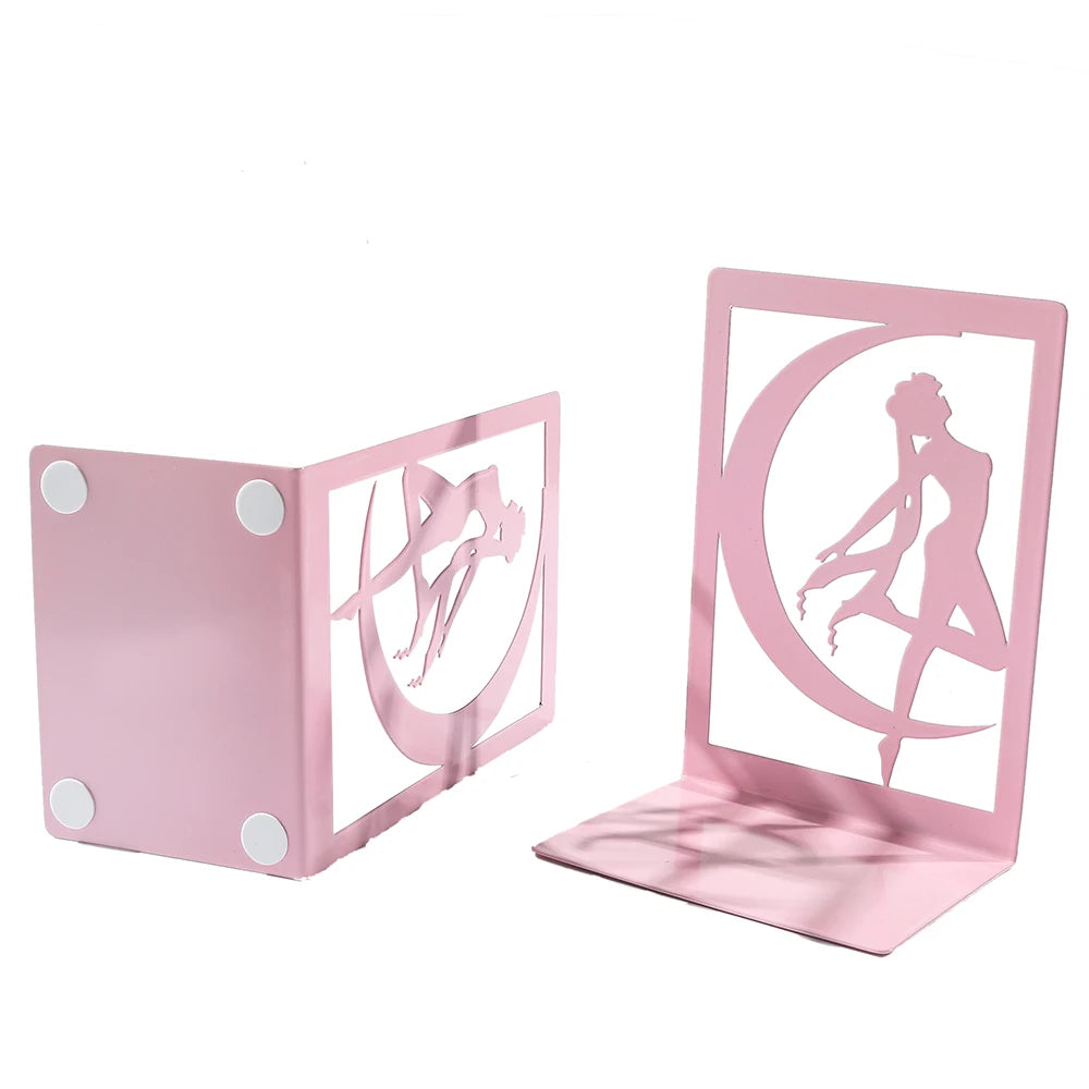 Pink bookends with a decorative design on a white background