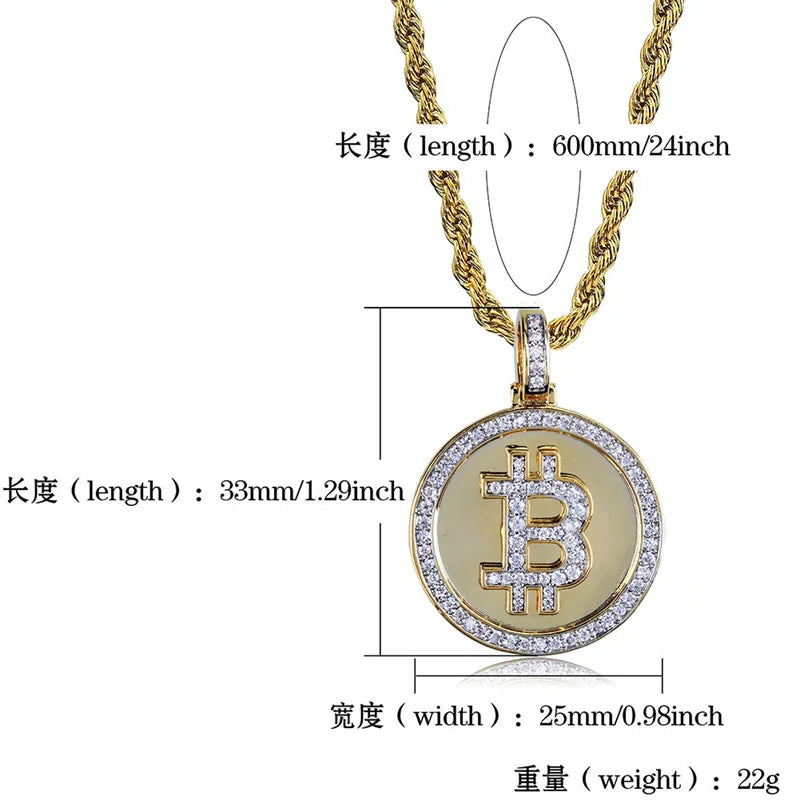 Iced Out Bitcoin Bust-Down Pendant | Gold-Colored Rope Chain