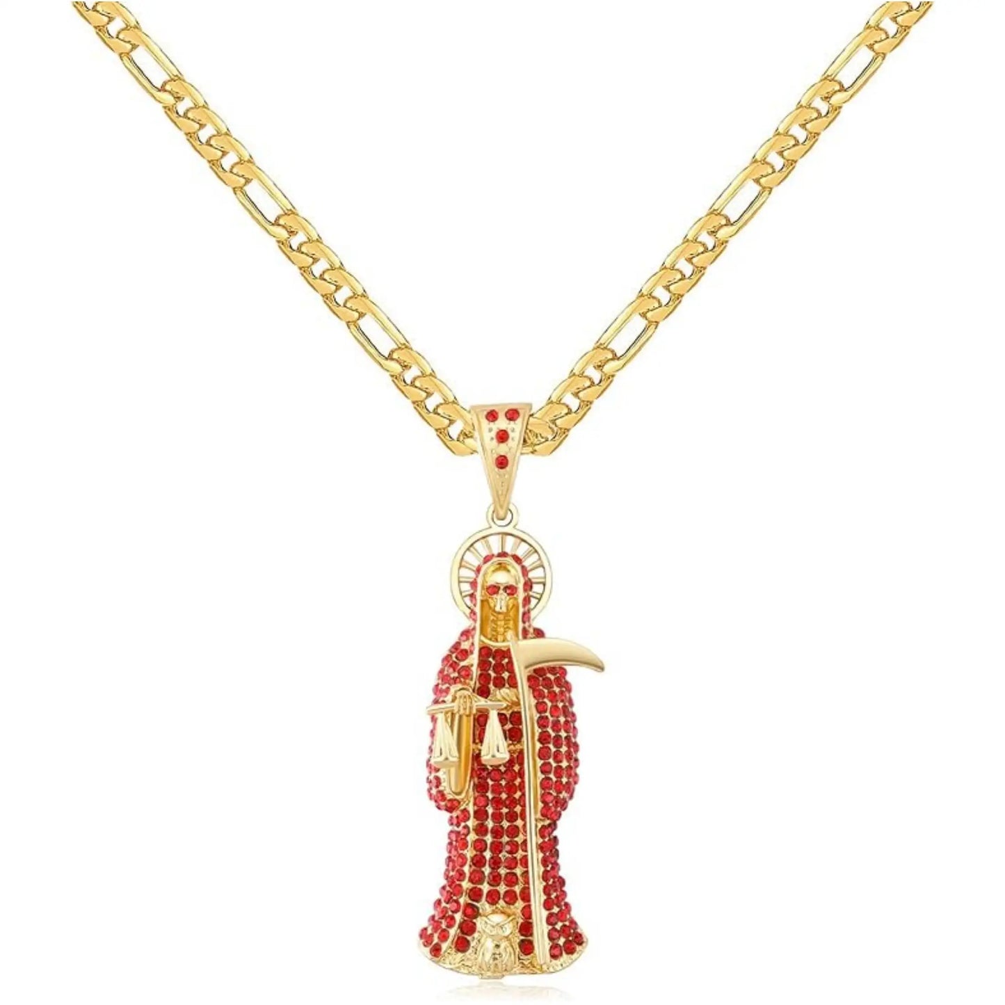 Santa Muerte Jewelry: Figaro Chain Necklace & Santisma Muerte Pendent