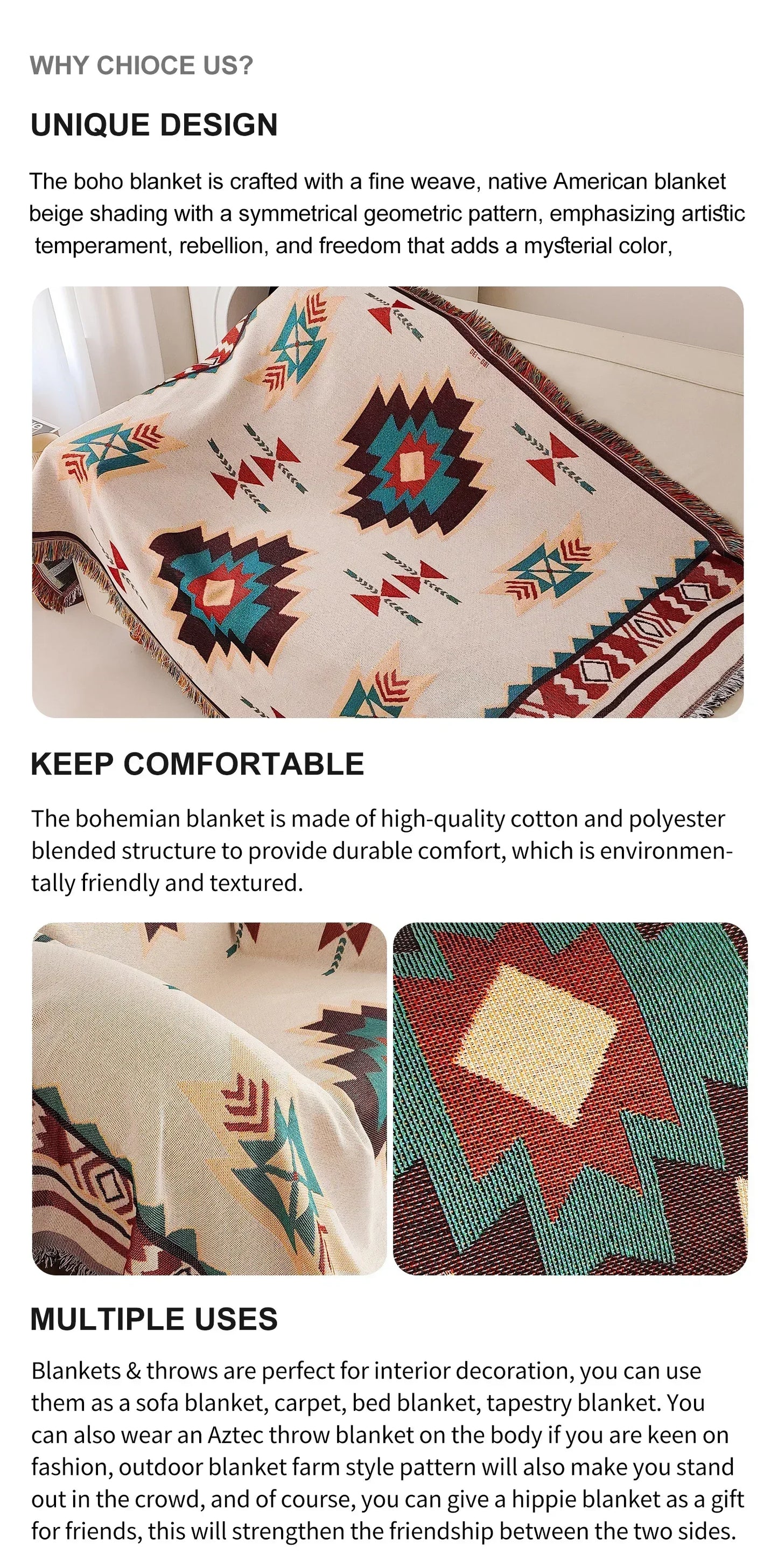 Oversized Aztec & Mayan Boho Throw Blanket - Vintage Geometric Tapestry