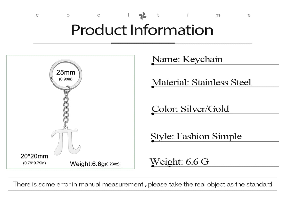 Pi Symbol Keychain | Mathematical Pendant Stainless Steel 3.14 Charms