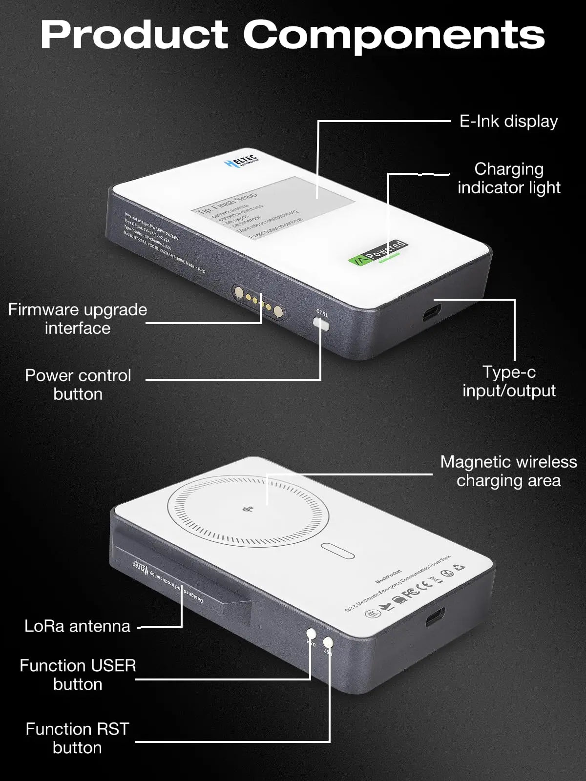 Heltec MeshPocket Qi2 Magnetic Power Bank – 15W Wireless Fast Charging, Meshtastic Compatible, 5000mAh/10000mAh, E-Ink Display