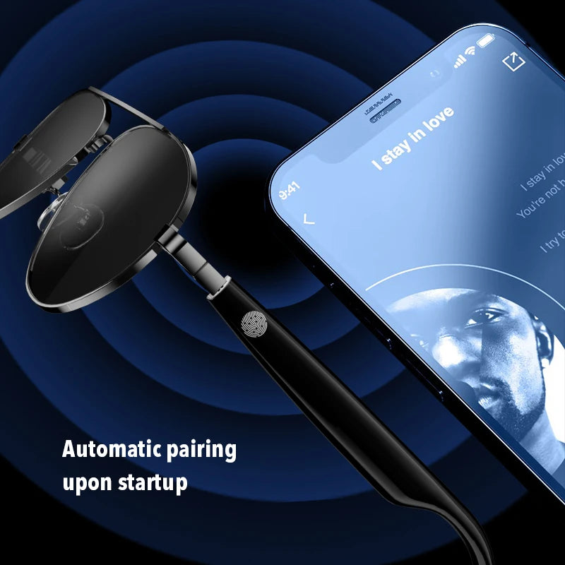 Smart Aviator Sunglasses with wireless charging cable next to a smartphone on a dark blue background.