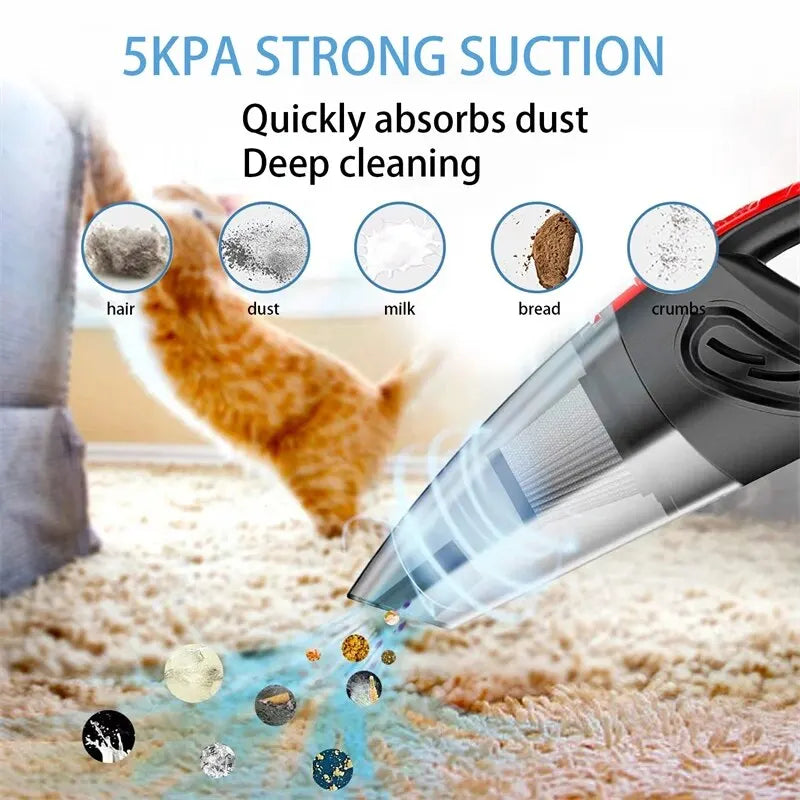 Handheld vacuum cleaner with strong suction cleaning various particles on a carpet.