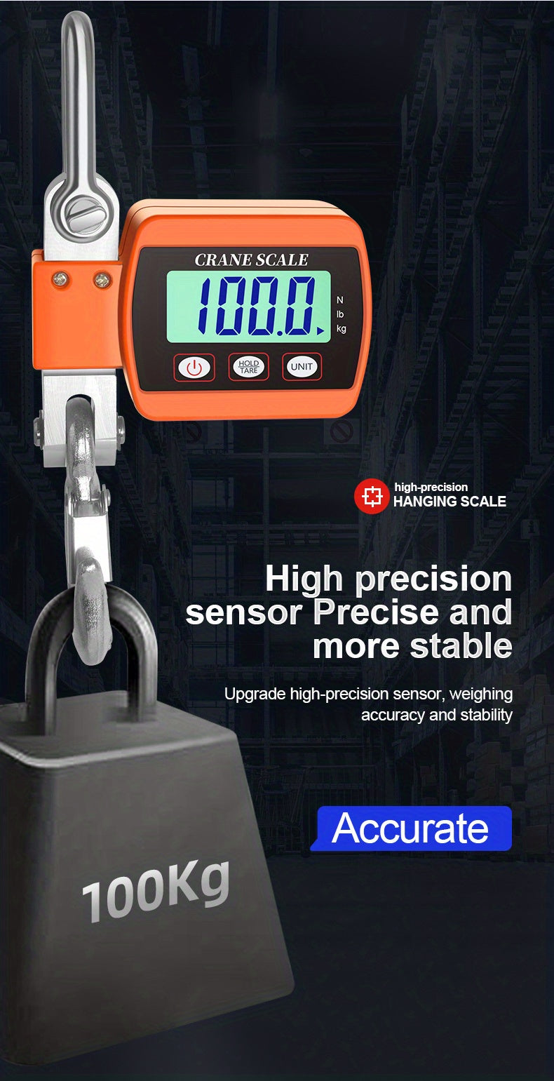 Digital crane scale with digital display showing '100.0' on a dark background