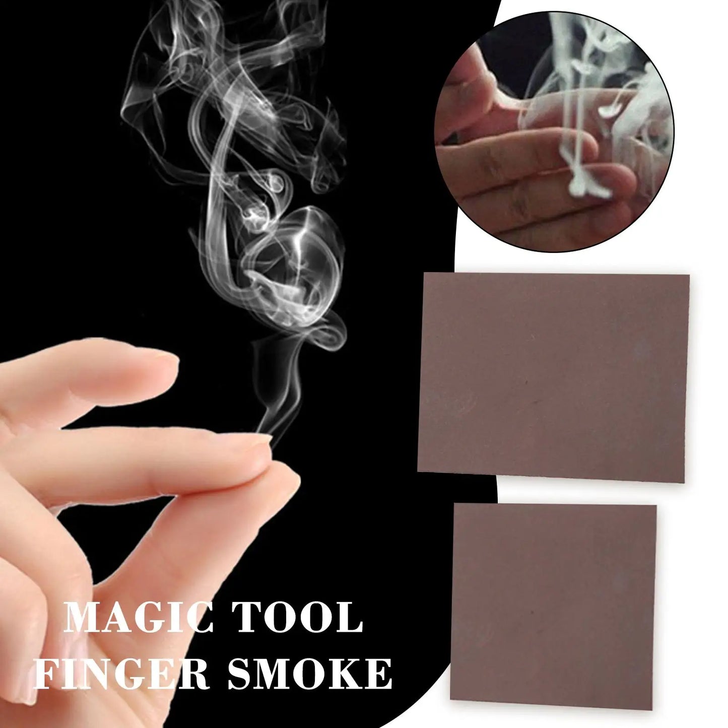 Magic tool for creating finger smoke with two brown sheets and a close-up of hands with smoke.