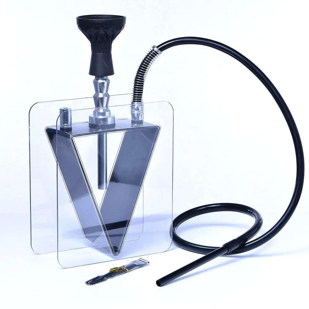 Shisha hookah with a transparent tank and black hose on a white background